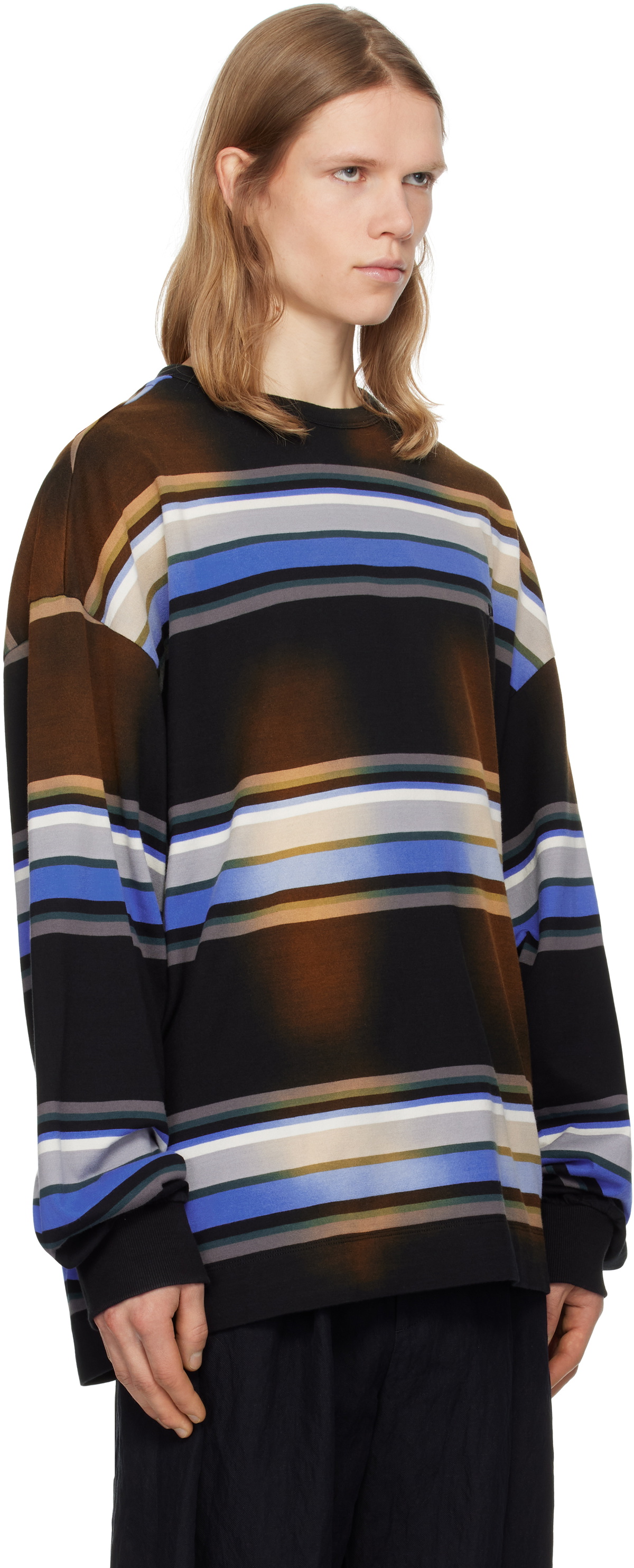 Juun.J Brown & Blue Washed Multi Stripe Long Sleeve T-shirt