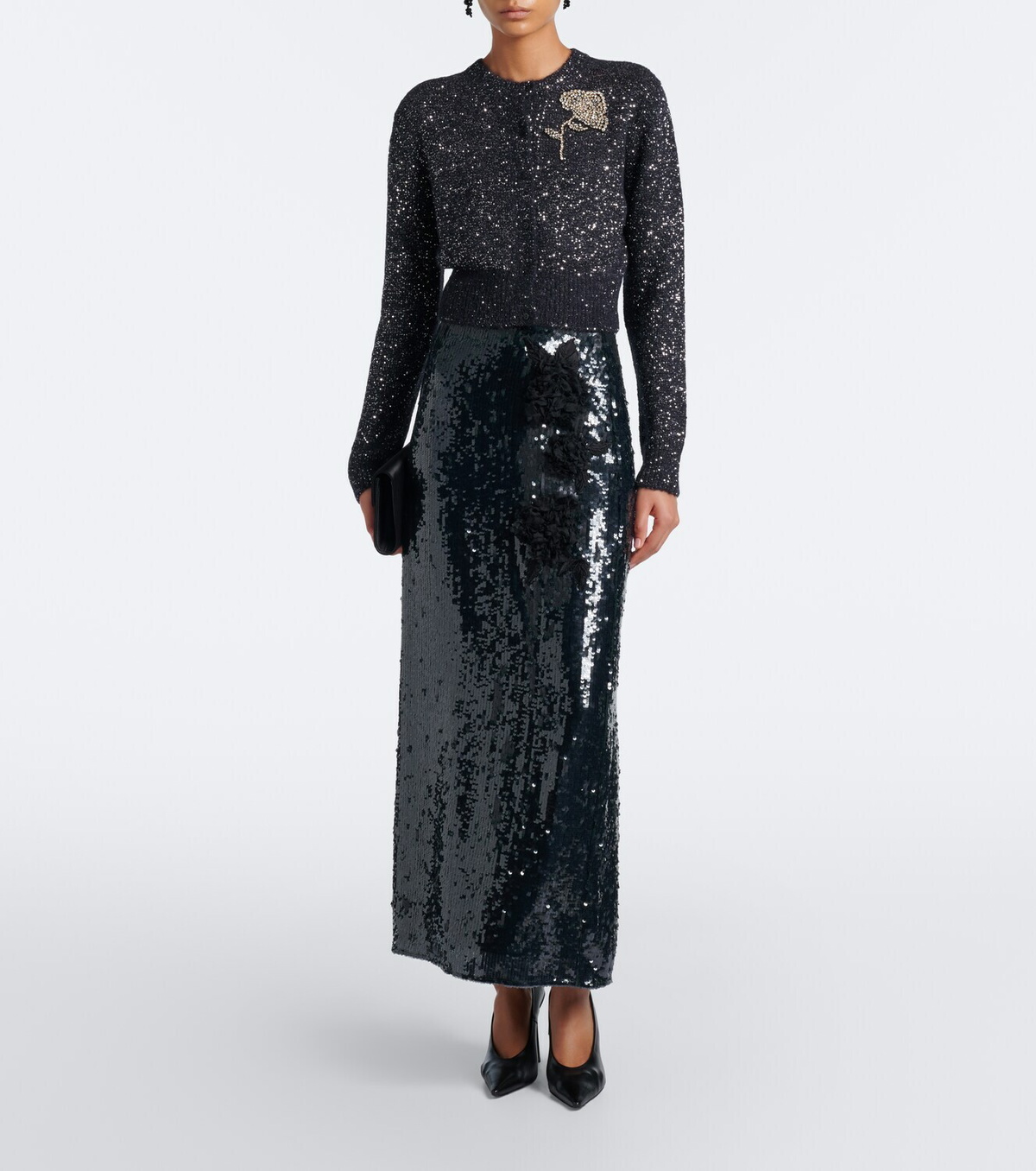 Erdem Floral-appliqué sequined midi skirt