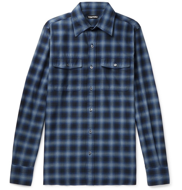 Photo: TOM FORD - Slim-Fit Checked Cotton Shirt - Blue