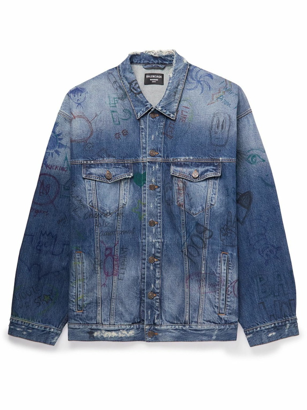 Photo: Balenciaga - Oversized Printed Distressed Denim Jacket - Blue