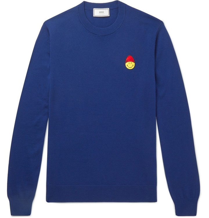 Photo: AMI - The Smiley Company Slim-Fit Logo-Embroidered Merino Wool Sweater - Men - Blue