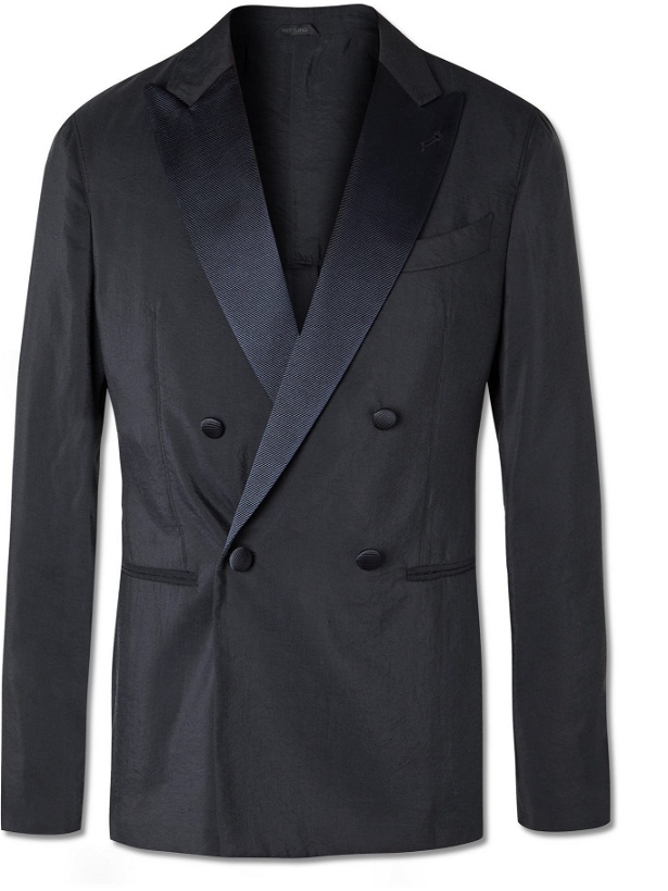 Photo: GIORGIO ARMANI - Slim-Fit Double-Breasted Faille-Trimmed Silk-Blend Twill Tuxedo Jacket - Blue - IT 46