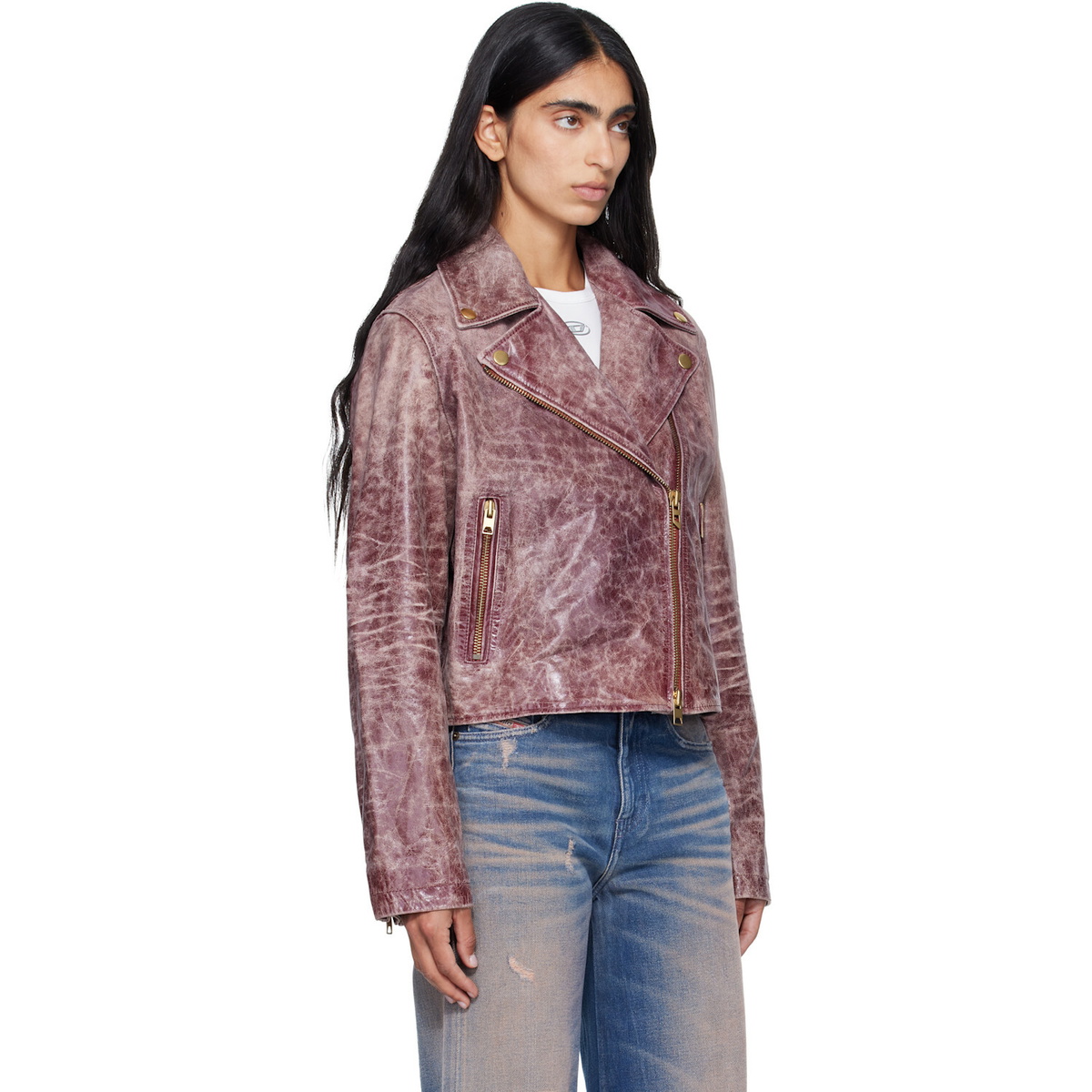 Diesel Pink Treated Leather Biker Jacket