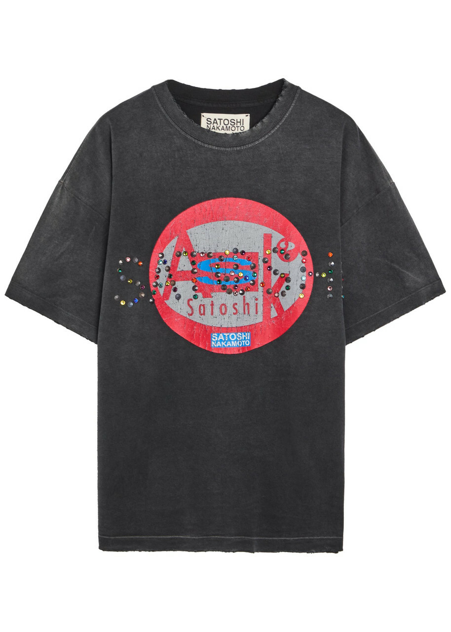 Satoshi Nakamoto Ask Satoshi Embellished Distressed Cotton T-shirt Black Other