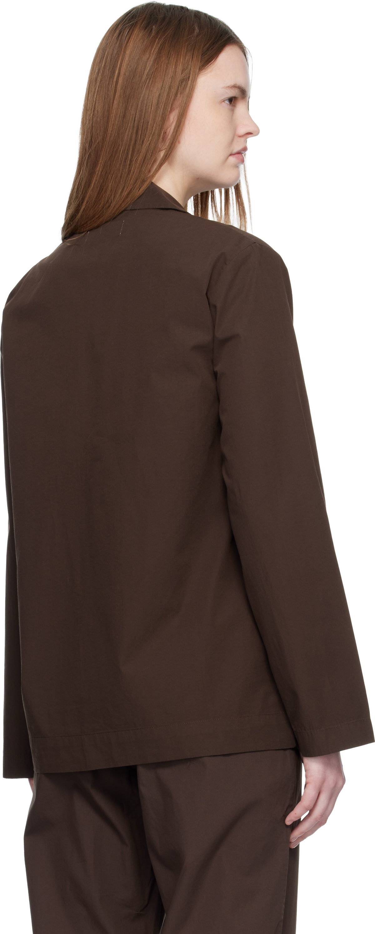 Tekla Brown Poplin Long-Sleeved Pyjama Shirt