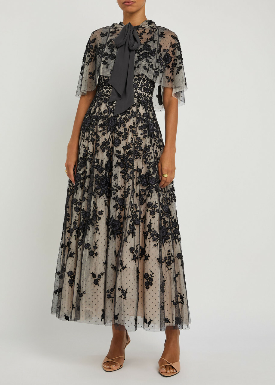 Needle & Thread Rosa Floral-embroidered Tulle Cape Black
