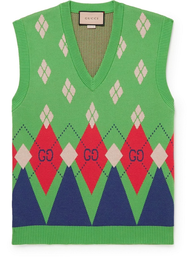 Photo: GUCCI - Slim-Fit Argyle-Jacquard Cotton Sweater Vest - Green