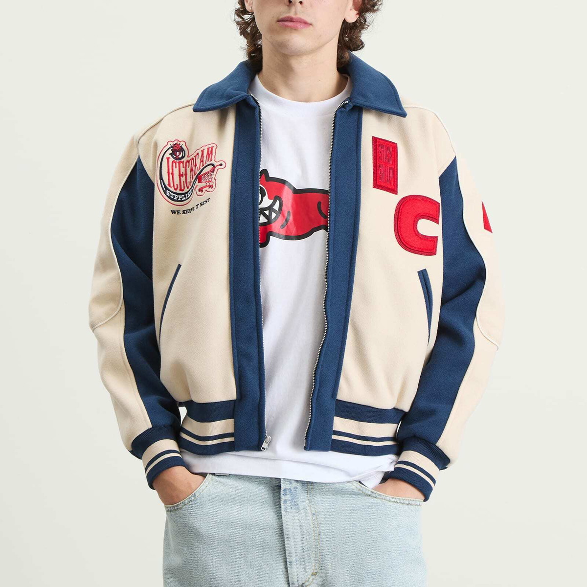 ICECREAM Men's Checkout Varsity Jacket in Ecru/Blue