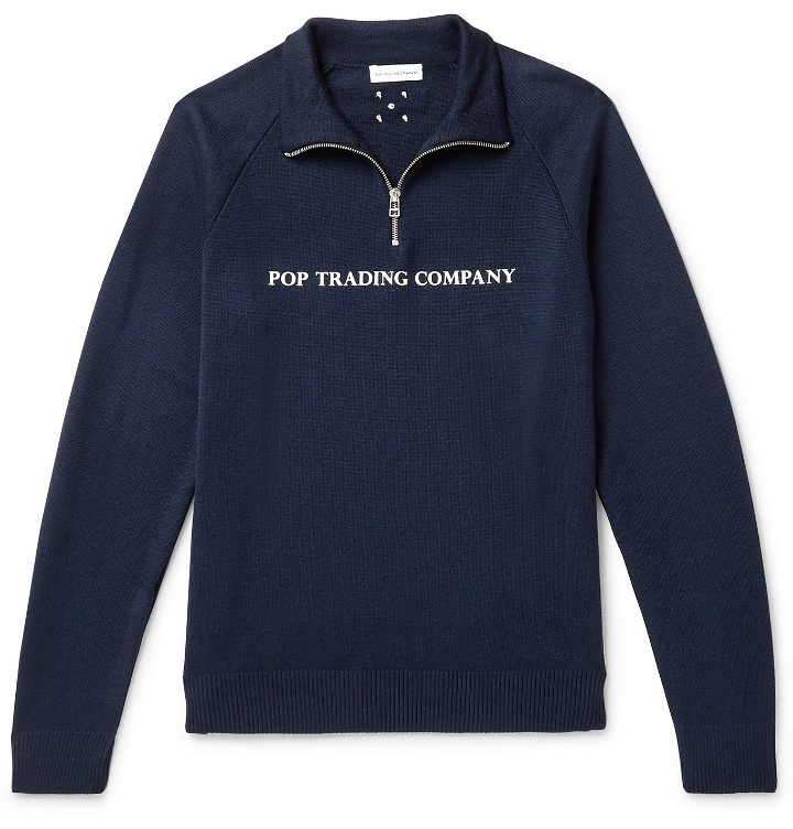 Photo: Pop Trading Company - Logo-Print Merino Wool-Blend Half-Zip Sweater - Blue