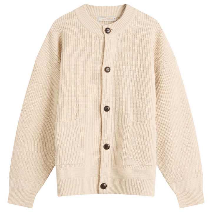 Photo: FrizmWORKS Men's Heavy Wool Round Cardigan in Cream