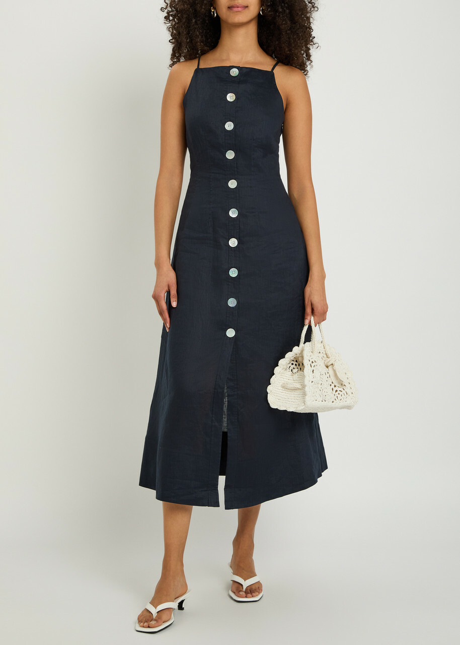 Veronica Beard Georges Button-up Linen Midi Dress Navy