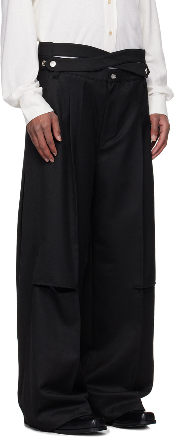 パンツ Nullus INTERTWINED STRUCTURE TROUSERS NULLUS Black Intertwined Belt Tailored Carved Trousers NULLUS