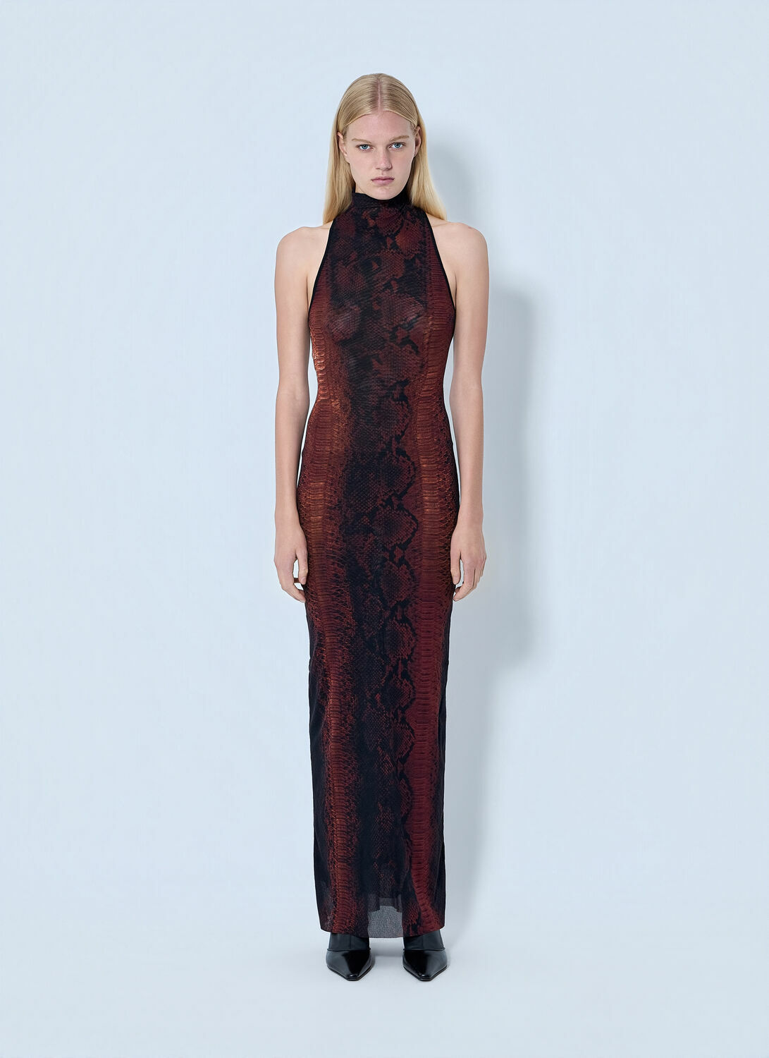 Jean Paul Gaultier Mesh High Neck Python Printed Long Dress