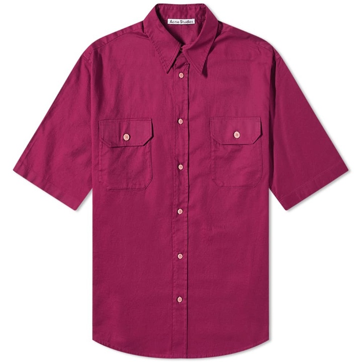 Photo: Acne Studios Men's Samblir Short Sleeve Logo Shirt in Berry Purple