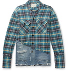 Greg Lauren - Grandad-Collar Panelled Distressed Checked Cotton-Flannel and Denim Shirt - Blue