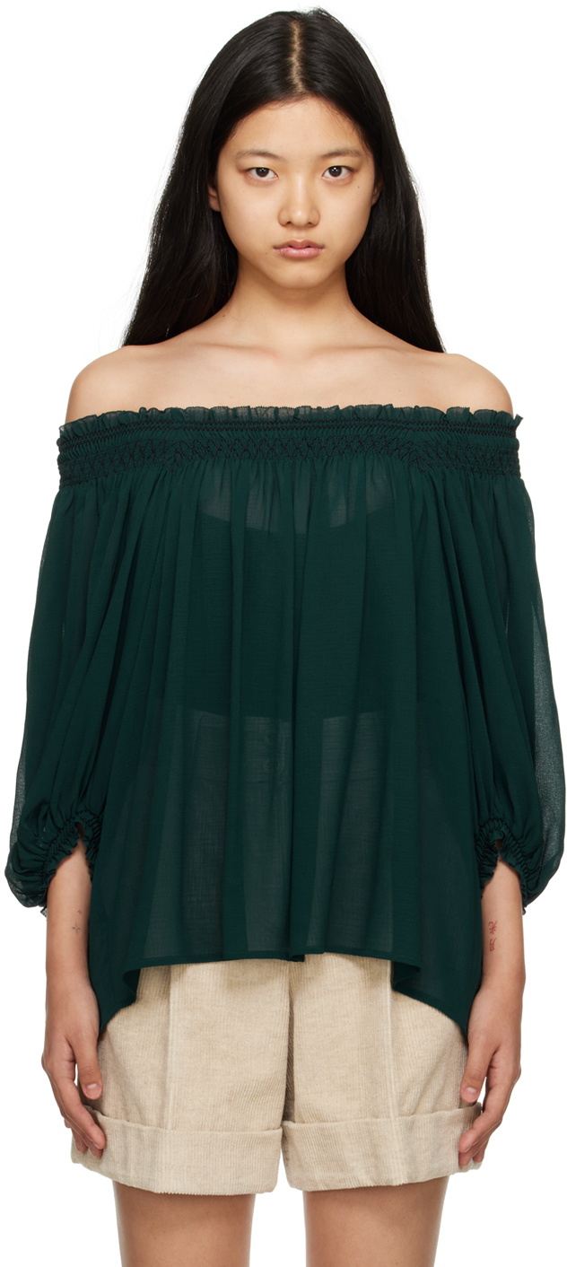 See by Chloé Green Shirred Blouse