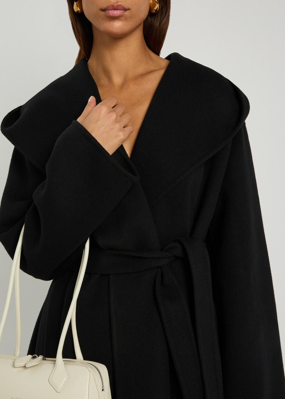 Alaïa Belted Hooded Wool Wrap Coat Black