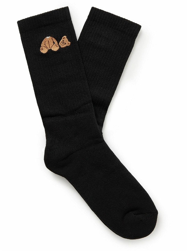 Photo: Palm Angels - Embroidered Ribbed Cotton-Blend Socks - Black