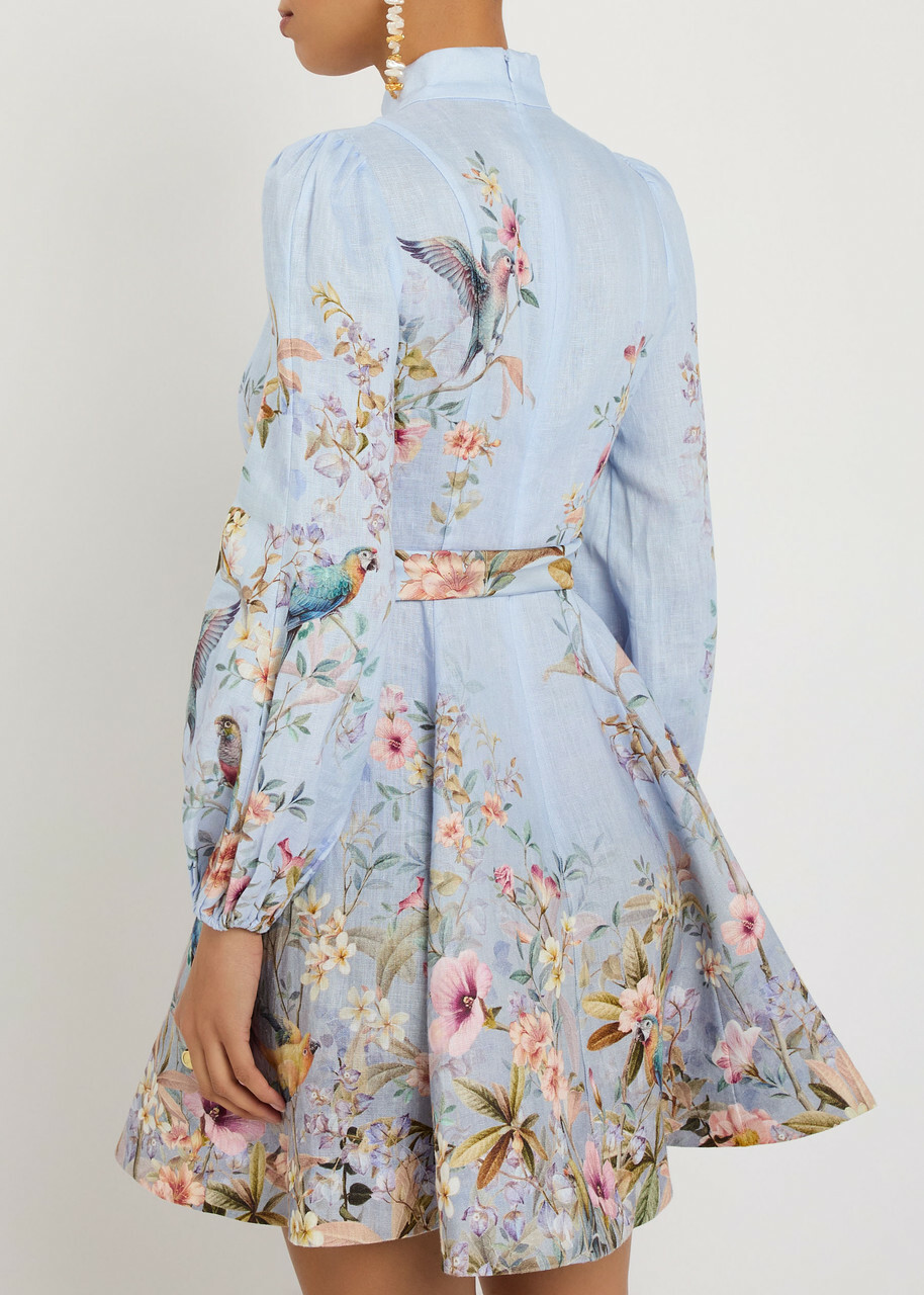 Zimmermann Rebellion Floral Belted Linen Mini Dress Blue