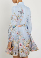 Zimmermann Rebellion Floral Belted Linen Mini Dress Blue