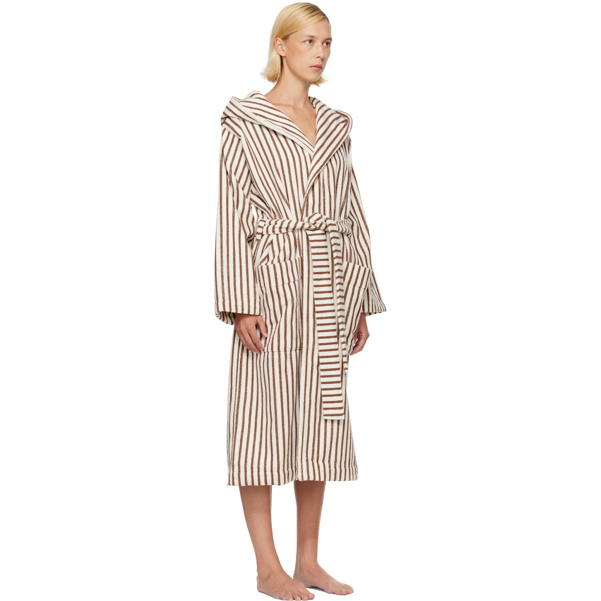 Tekla Brown & White Terry Hooded Bathrobe