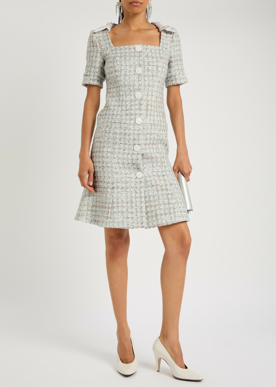 Huishan Zhang Kathleen Metallic Tweed Midi Dress Blue
