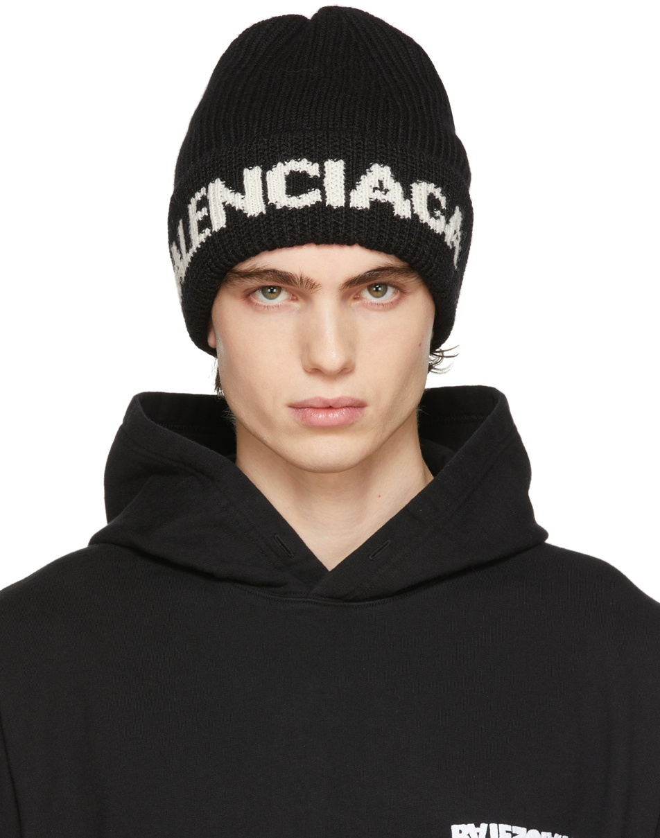 Black Logo-intarsia ribbed-wool beanie, Balenciaga