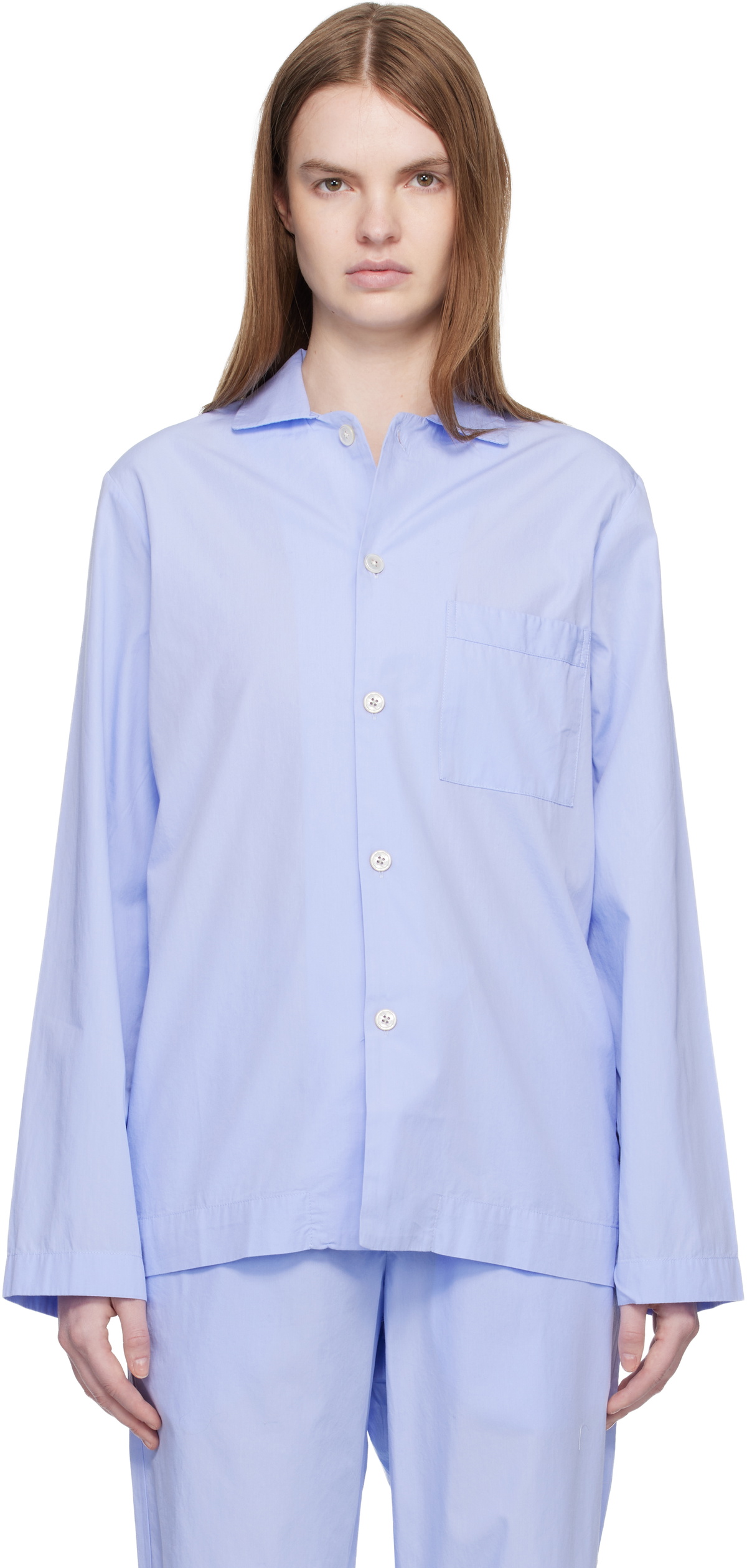 Tekla Blue Poplin Long-Sleeved Pyjama Shirt