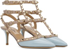 Valentino Garavani Taupe & Blue Rockstud Caged 65mm Heels