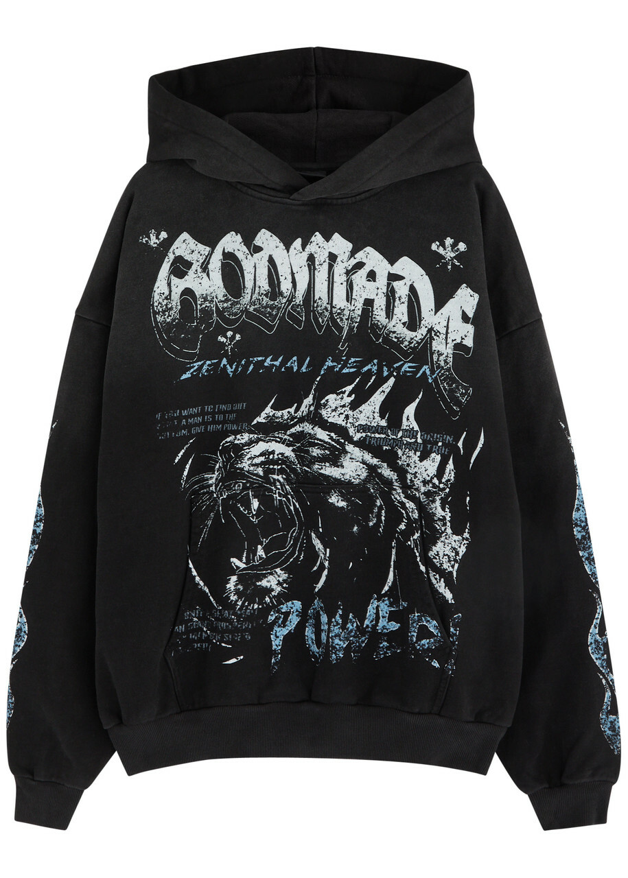 God Made Power Printed Hooded Cotton Sweatshirt Black