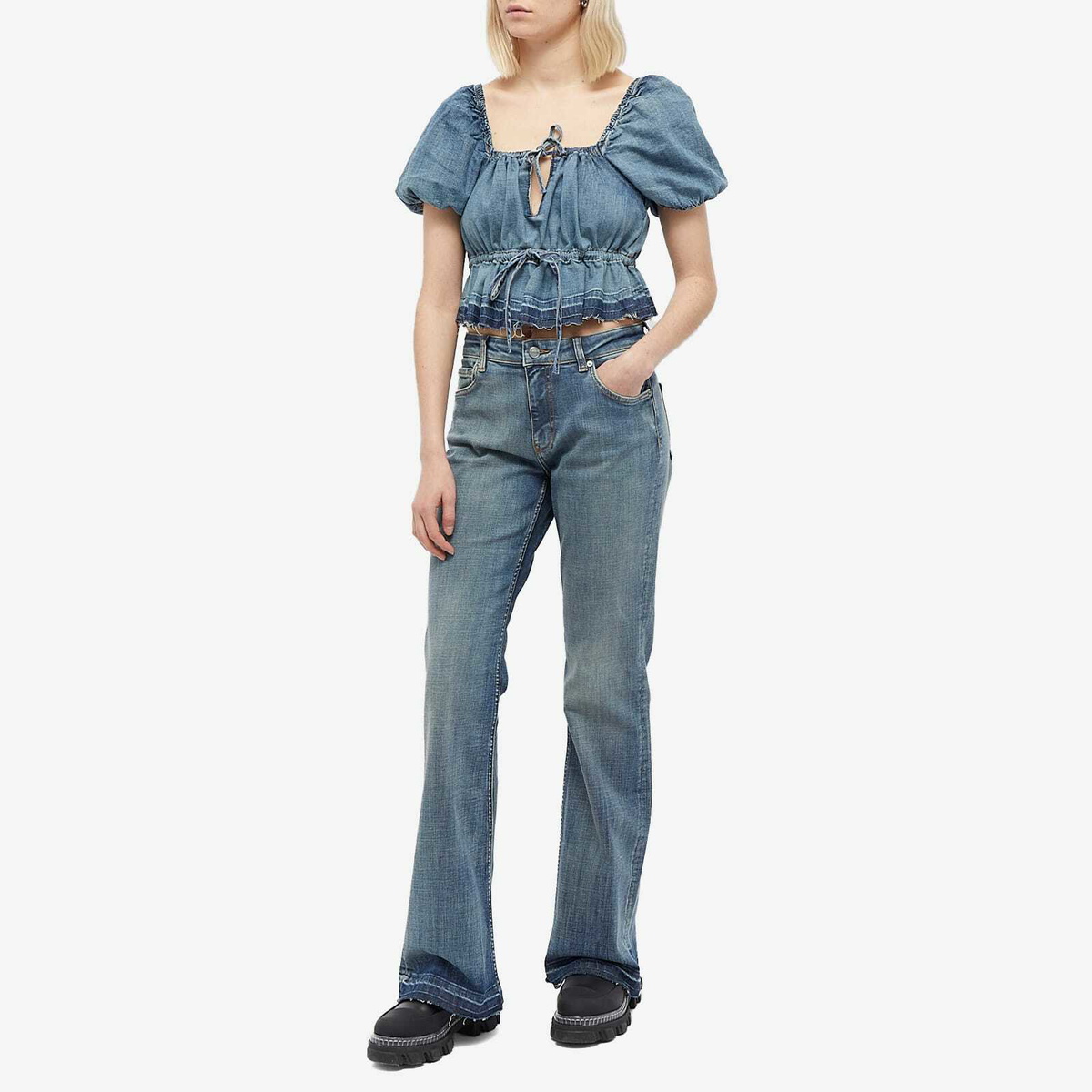 トップス GANNI/Tint Edge Denim Puff Sleeve Top Ganni Tint Edge Denim Puff Sleeve Top Size 6 Never worn | Depop