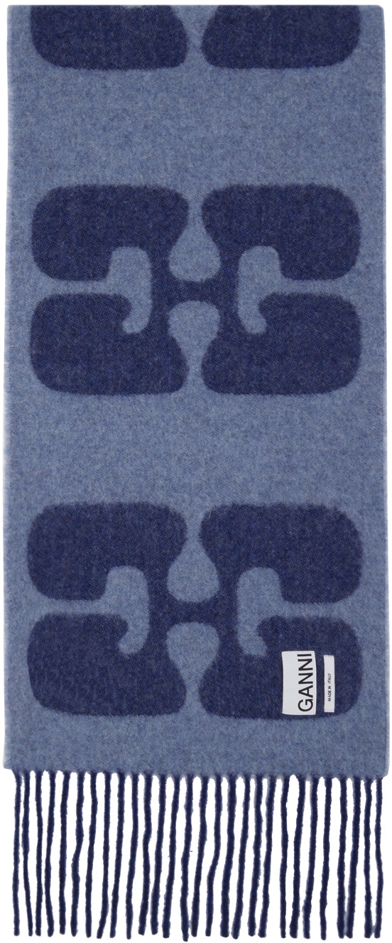 GANNI Navy Narrow Logo Scarf