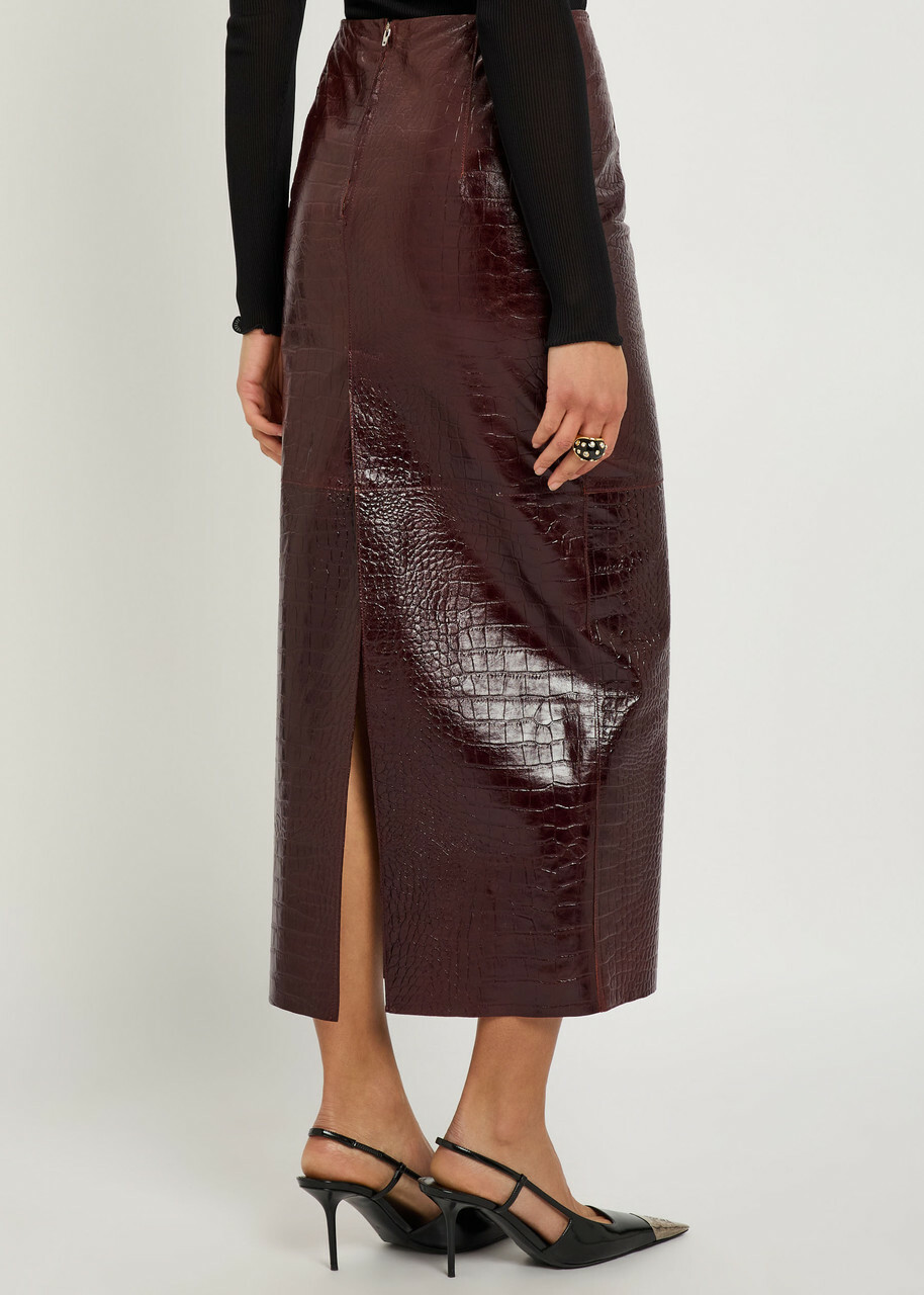 Nour Hammour Elyse Crocodile-effect Leather Midi Skirt Black