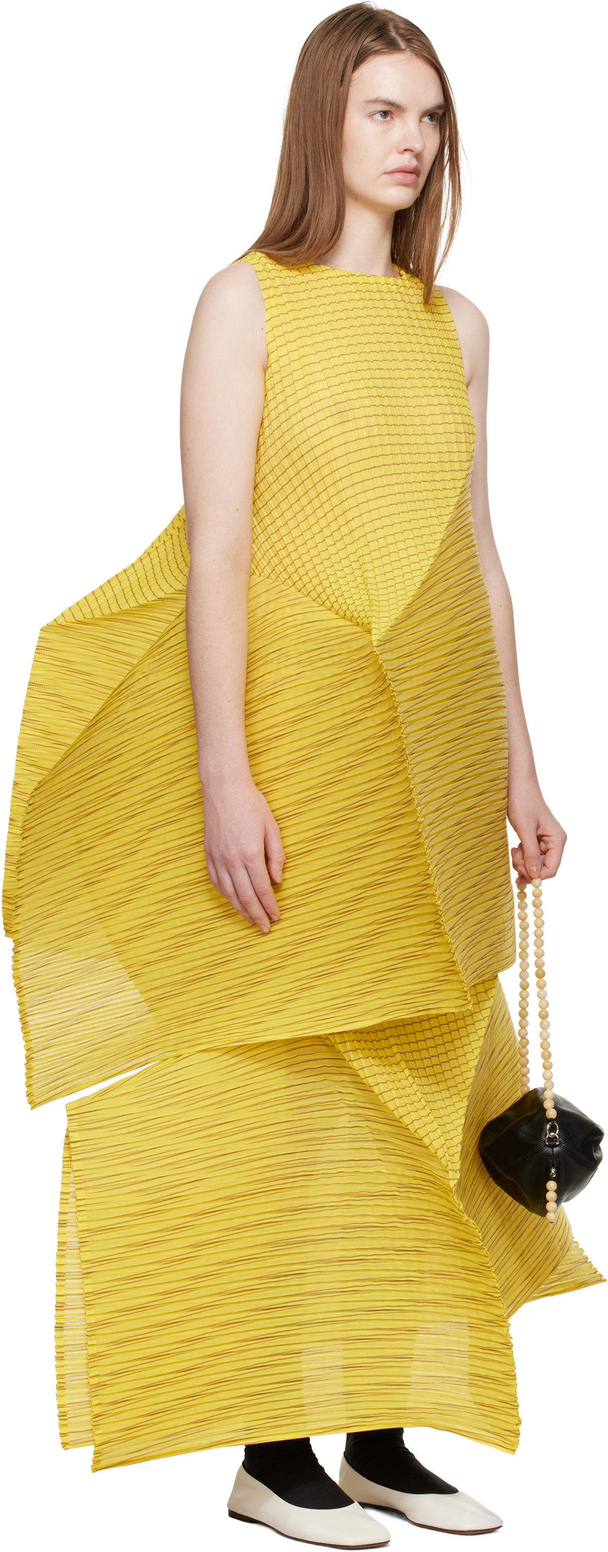 ISSEY MIYAKE Yellow Generic Stripes Machine Pleats Minidress