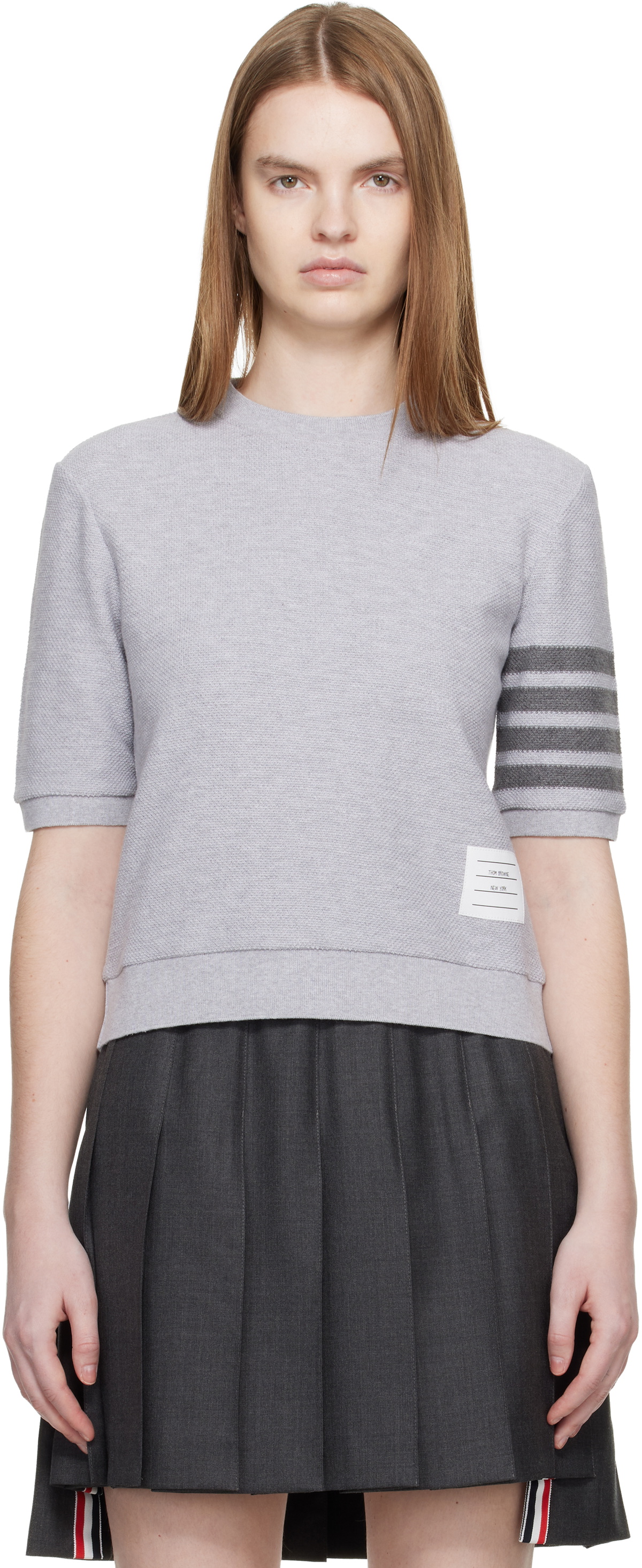 Thom Browne Gray Textured Cotton Pique 4-Bar T-shirt