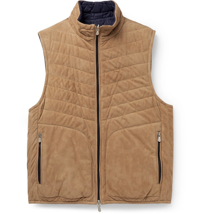 Photo: Brunello Cucinelli - Reversible Quilted Suede Down Gilet - Blue