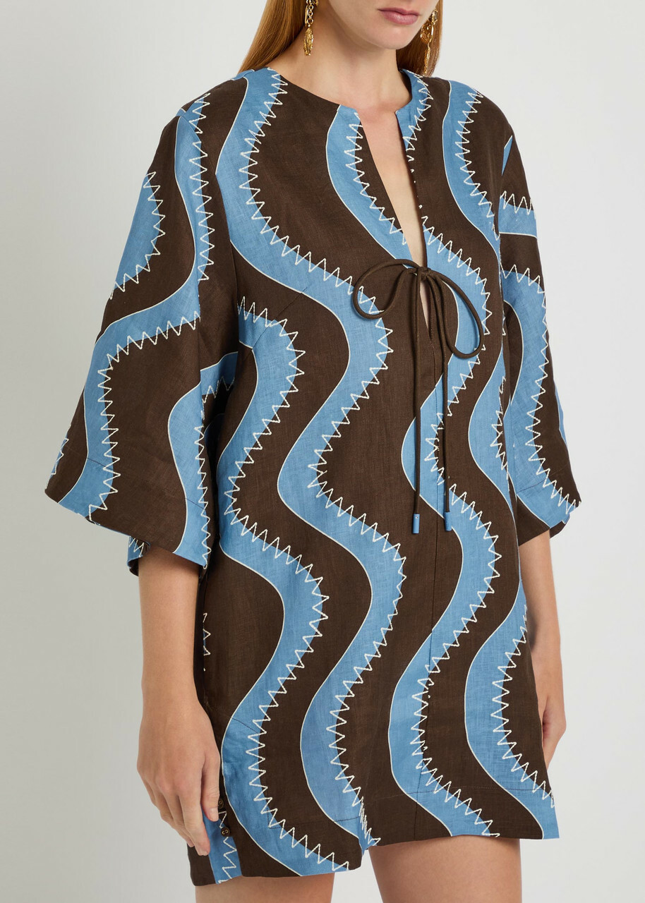 Alemais Frankie Printed Linen Mini Dress Blue