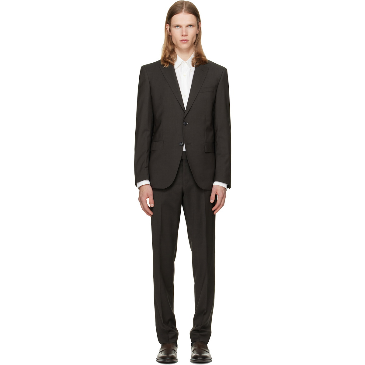 BOSS Brown Two-Piece Slim-Fit Wool Suit