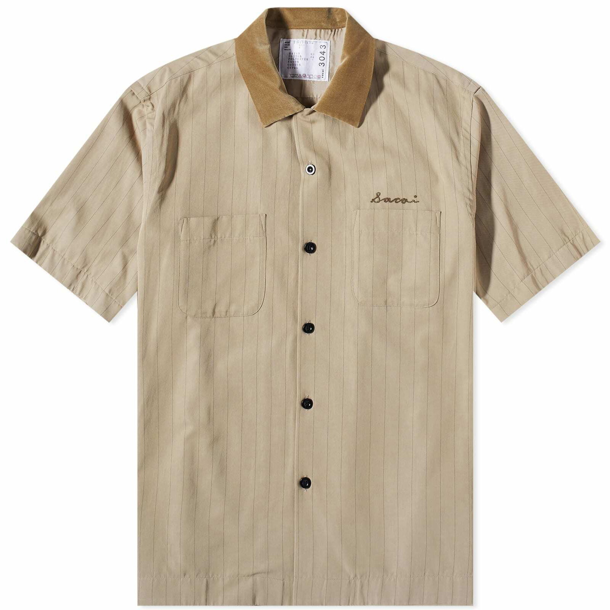 Sacai Men's Chalk Stripe Bowling Shirt in Beige Sacai