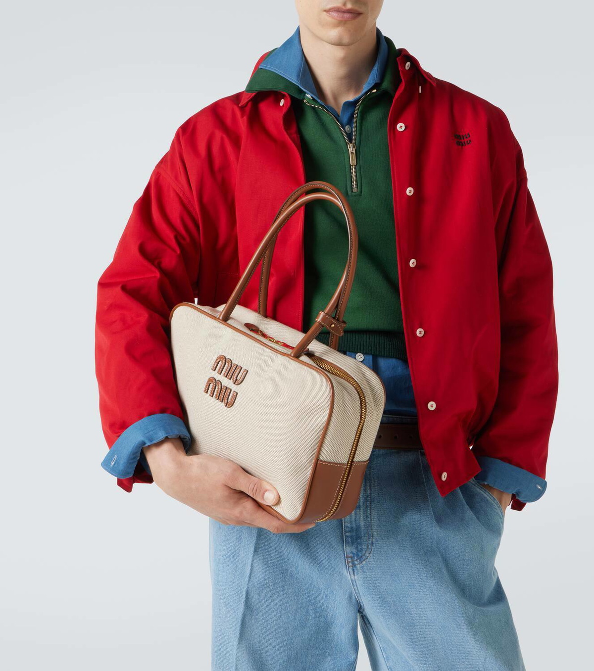 Miu Miu Logo leather-trimmed canvas tote bag Miu Miu