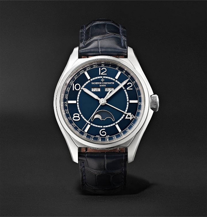 Photo: VACHERON CONSTANTIN - Fiftysix Automatic Complete Calendar 40mm Stainless Steel and Alligator Watch, Ref. No. 4000E/000A-B548 - Blue