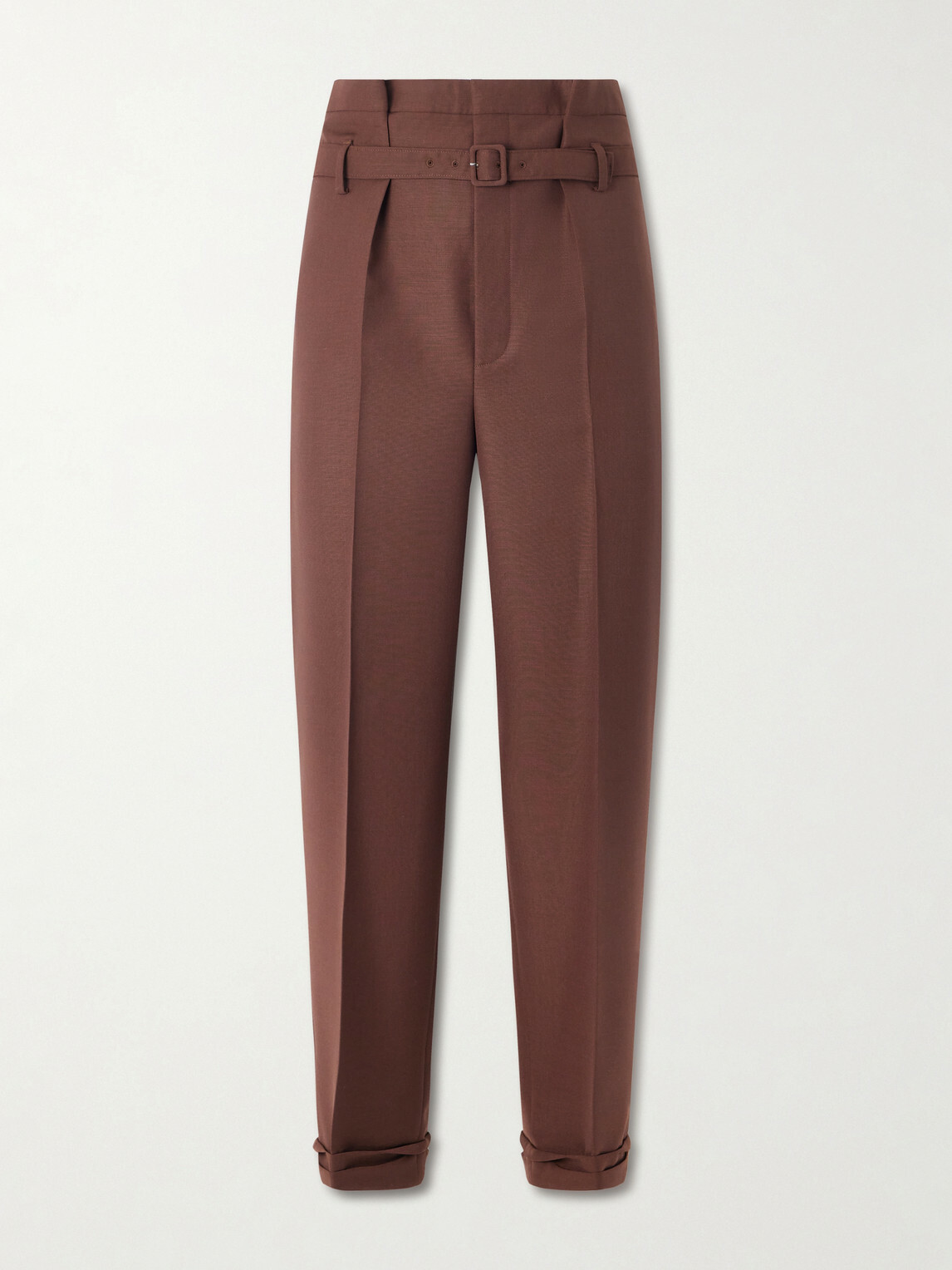 SAINT LAURENT - Tapered Belted Pleated Wool and Mohair-Blend Trousers - Brown