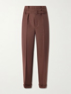 SAINT LAURENT - Tapered Belted Pleated Wool and Mohair-Blend Trousers - Brown