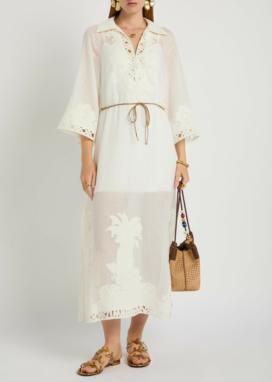 Zimmermann Indra Embroidered Belted Ramie Maxi Dress Ivory