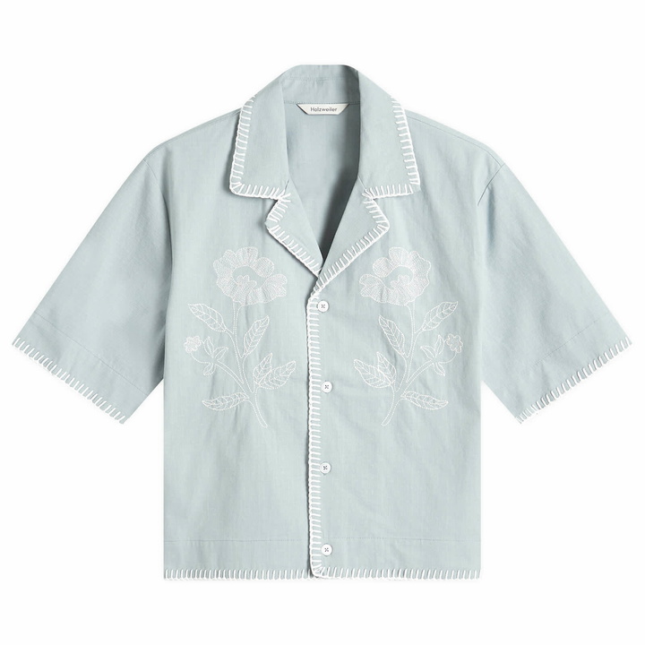 Photo: Holzweiler Women's Gorti Cropped Embroidered Shirt in Lt. Blue