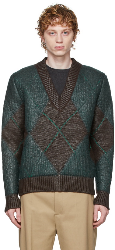 Photo: Bottega Veneta Brown & Green Argyle V-Neck Sweater