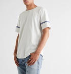 SAINT LAURENT - Logo-Flocked Stripe-Trimmed Distressed Cotton-Jersey T-Shirt - White