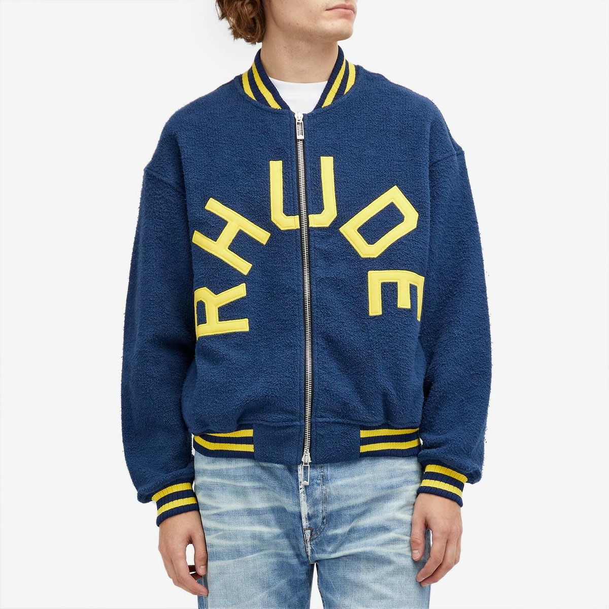 Rhude Men's Varsity Logo Bomber Jacket in Navy/Yellow