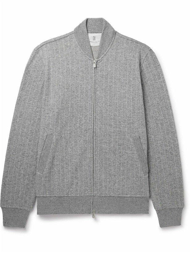 Photo: Brunello Cucinelli - Pinstriped Cashmere and Cotton-Blend Bomber Jacket - Gray