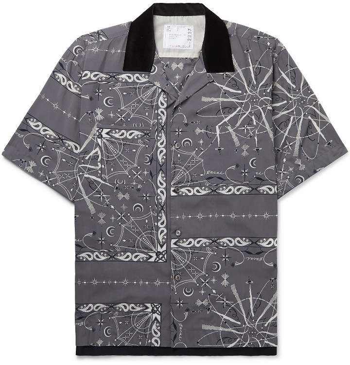 Photo: Sacai - Dr. Woo Camp-Collar Velvet-Trimmed Bandana-Print Woven Shirt - Gray